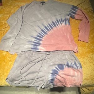 Gently used, tie-died lounge wear. Sweater and shorts.